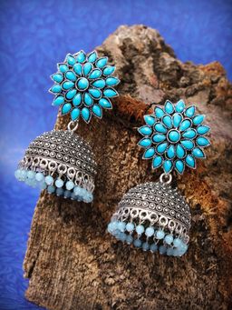 Zoey - Women Blue Oxidised Traditional Jhumkas Earrings