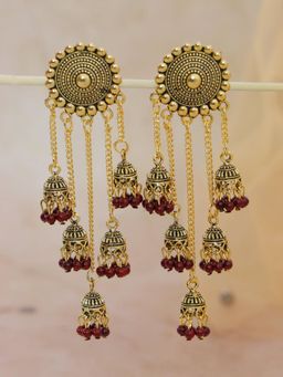 Zoey - Maroon Gold-Plated Latkan 5 Layer Drop Earrings
