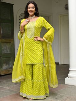 Lavanya The Label - Green Cotton Bandhani Print Sharara (Set of 3)