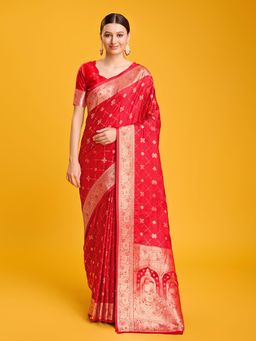 Monjolika Fashion - Blushing Red Colour Banarasi Satin Silk Zari Work Saree with Unstitched Blouse
