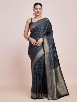 Monjolika Fashion - Dark Teal Banarasi Satin Silk Saree Zari Woven Work with Unstitched Blouse