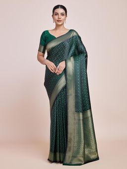 Monjolika Fashion - Dark Green Banarasi Satin Silk Saree Zari Woven Work with Unstitched Blouse