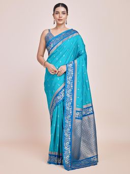 Monjolika Fashion - Sky Blue Banarasi Silk Saree with Zari Work with Unstitched Blouse