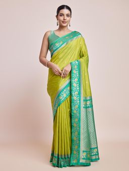 Monjolika Fashion - Parrot Green Banarasi Silk Saree with Zari Work with Unstitched Blouse