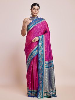 Monjolika Fashion - Magenta Banarasi Silk Saree with Zari Work with Unstitched Blouse