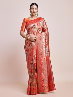 Monjolika Fashion - Scarlet Red Dharmavaram Silk Saree Woven In Zari Work with Unstitched Blouse