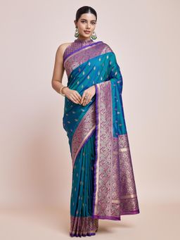 Monjolika Fashion - Teal Colour Banarasi Satin Silk Saree Zari Woven Work with Unstitched Blouse