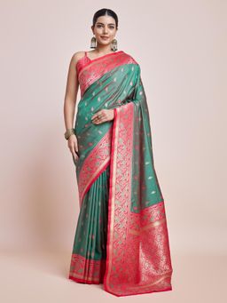 Monjolika Fashion - Green Colour Banarasi Satin Silk Saree Zari Woven Work with Unstitched Blouse