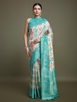 Monjolika Fashion - Zari Woven Turquoise and Cream Banarasi Silk Saree with Unstitched Blouse