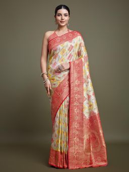 Monjolika Fashion - Tradition Zari Woven Red and Cream Banarasi Silk Saree with Unstitched Blouse