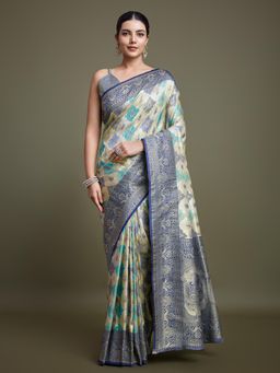 Monjolika Fashion - Zari Woven Navy Blue and Cream Banarasi Silk Saree with Unstitched Blouse