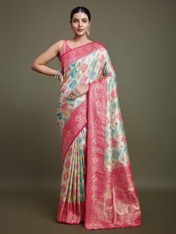 Monjolika Fashion - Zari Woven Pink and Cream Banarasi Silk Saree with Unstitched Blouse