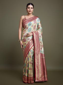 Monjolika Fashion - Elegant Maroon and Cream Banarasi Silk Saree Zari Work with Unstitched Blouse