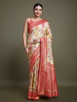 Monjolika Fashion - Elegant Red and Cream Banarasi Silk Saree Zari Work with Unstitched Blouse