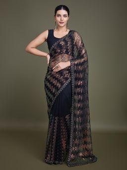 Monjolika Fashion - Sparkling Sequin Black Colour Net Saree with Unstitched Blouse