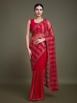Monjolika Fashion - Sparkling Sequin Red Colour Net Saree with Unstitched Blouse