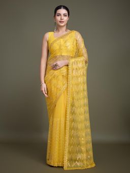 Monjolika Fashion - Sparkling Sequin Yellow Colour Net Saree with Unstitched Blouse