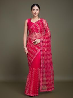 Monjolika Fashion - Sparkling Sequin Pink Colour Net Saree with Unstitched Blouse
