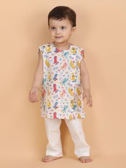 Polka Tots - Multi-Color Cotton Cap Sleeves Dinosaur Print Jabla & Pant
