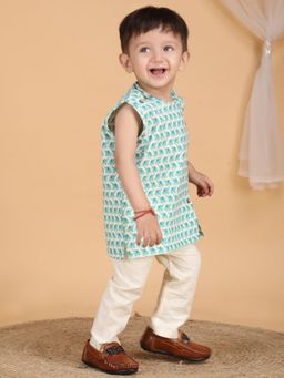 Polka Tots - Aqua Cotton Cap Sleeves Elephant Print Jabla & Pant