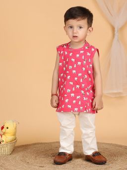 Polka Tots - Pink Cotton Cap Sleeves Elephant Print Jabla & Pant