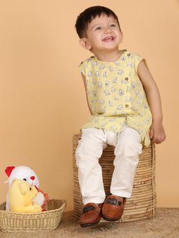 Polka Tots - Yellow Cotton Cap Sleeves Elephant Print Jabla & Pant