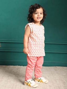 Polka Tots - Cream Cotton Cap Sleeves Camel Print Jabla & Pant