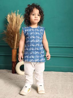 Polka Tots - Blue Cotton Cap Sleeves Cycle Print Jabla & Pant