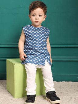 Polka Tots - Blue Cotton Cap Sleeves Car Print Jabla & Pant