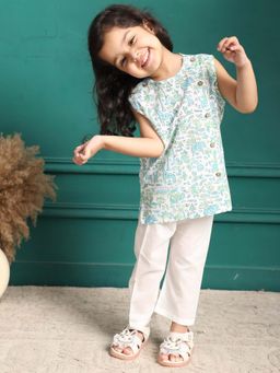 Polka Tots - Multi-Color Cotton Cap Sleeves Fish Print Jabla & Pant