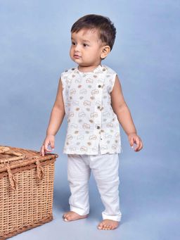 Polka Tots - Brown Cotton Cap Sleeves Elephant Print Jabla & Pant