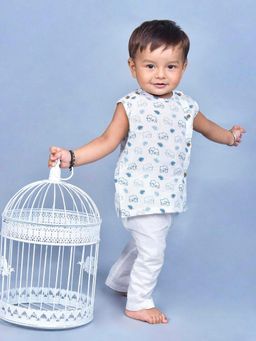 Polka Tots - Blue Cotton Cap Sleeves Elephant Print Jabla & Pant