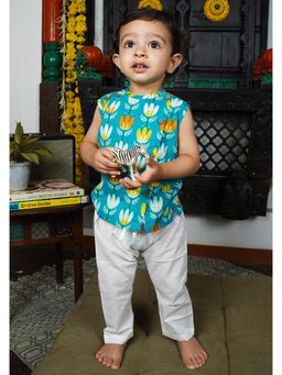 Polka Tots - Blue Cotton Cap Sleeves Lotus Print Jabla & Pant