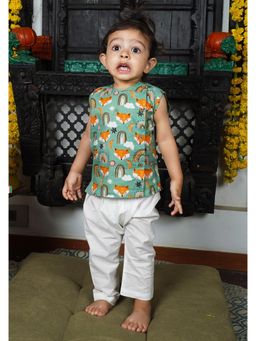 Polka Tots - Green Cotton Cap Sleeves Fox Print Jabla & Pant