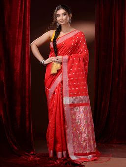 CHARUKRITI - Red Cotton Blend Handwoven Paisley Motifs & Zari Woven Pallu Saree with Unstitched Blouse