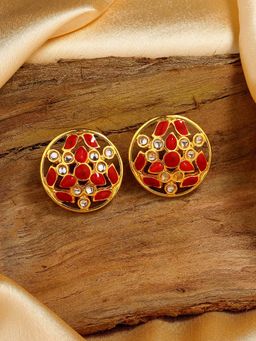 Estele - Gold Tone Splendid Kundan Stud Earrings with Red Enamel for Women
