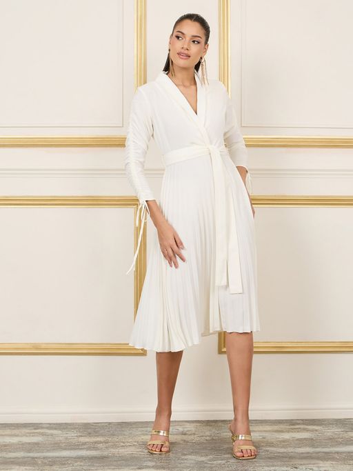Buy Styli Womens Off-White Lapel Collar Wrap Tie Up Pleated Midi Dress with  Belt (Set of 2) Online