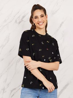 Styli Elevate - Womens Black Oversized All Over Embroidered Round Neck Longline Cotton T-Shirt