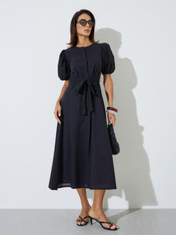 Styli - Women Black Solid/Plain Cotton Dress with Belt