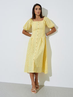 Styli - Women Yellow Self Design Cotton Dress