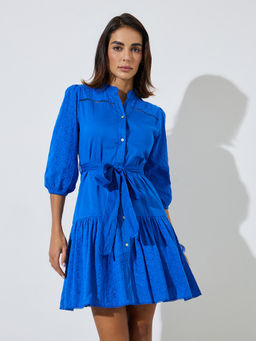 Styli - Women Blue Self Design Cotton Dress with Belt