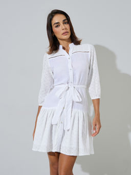 Styli - Women Off White Self Design Cotton Dress with Belt