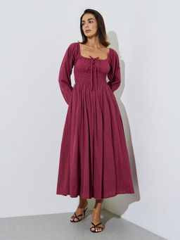Styli - Women Maroon Self Design Cotton Dress