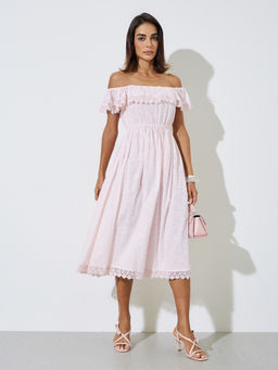 Styli - Women Pink Self Design Cotton Dress