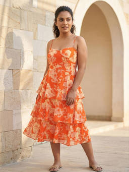 PURVAJA CURVE - Women Orange Floral Georgette Dress