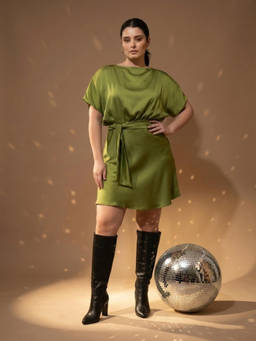 PURVAJA CURVE - Women Olive Solid/Plain Silk Dress with Belt