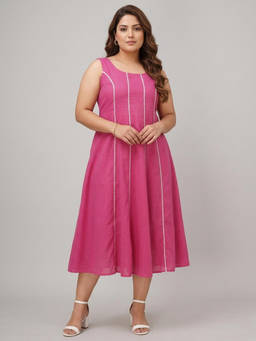 PURVAJA CURVE - Women Pink Solid/Plain Cotton Dress