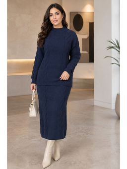 LASOON - Women Navy Blue Textured Wool Co-Ord Set