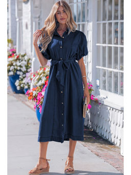 Errabelly - Women Navy Blue Solid/Plain Cotton Dress with Belt
