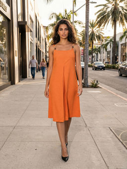PURVAJA - Women Orange Solid/Plain Linen Blend Dress